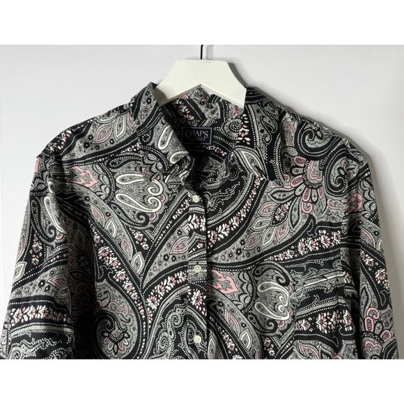 CHAPS No Iron Women's 2X Button Up Top Black Pink Paisley Long Sleeve Cotton - Picture 2 of 10